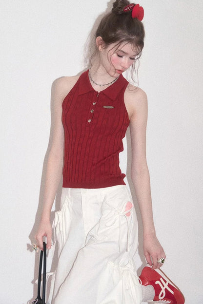 Red Berry Knit Polo Top