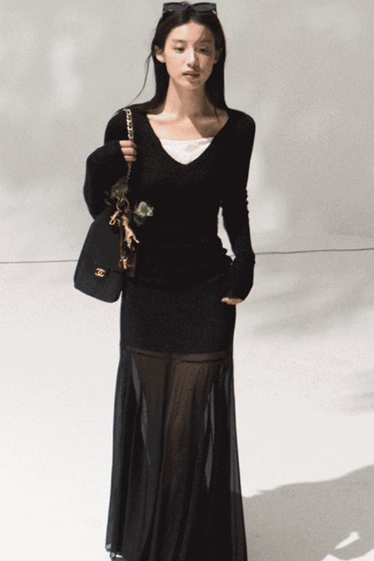 High-Waisted Knit Mesh Skirt