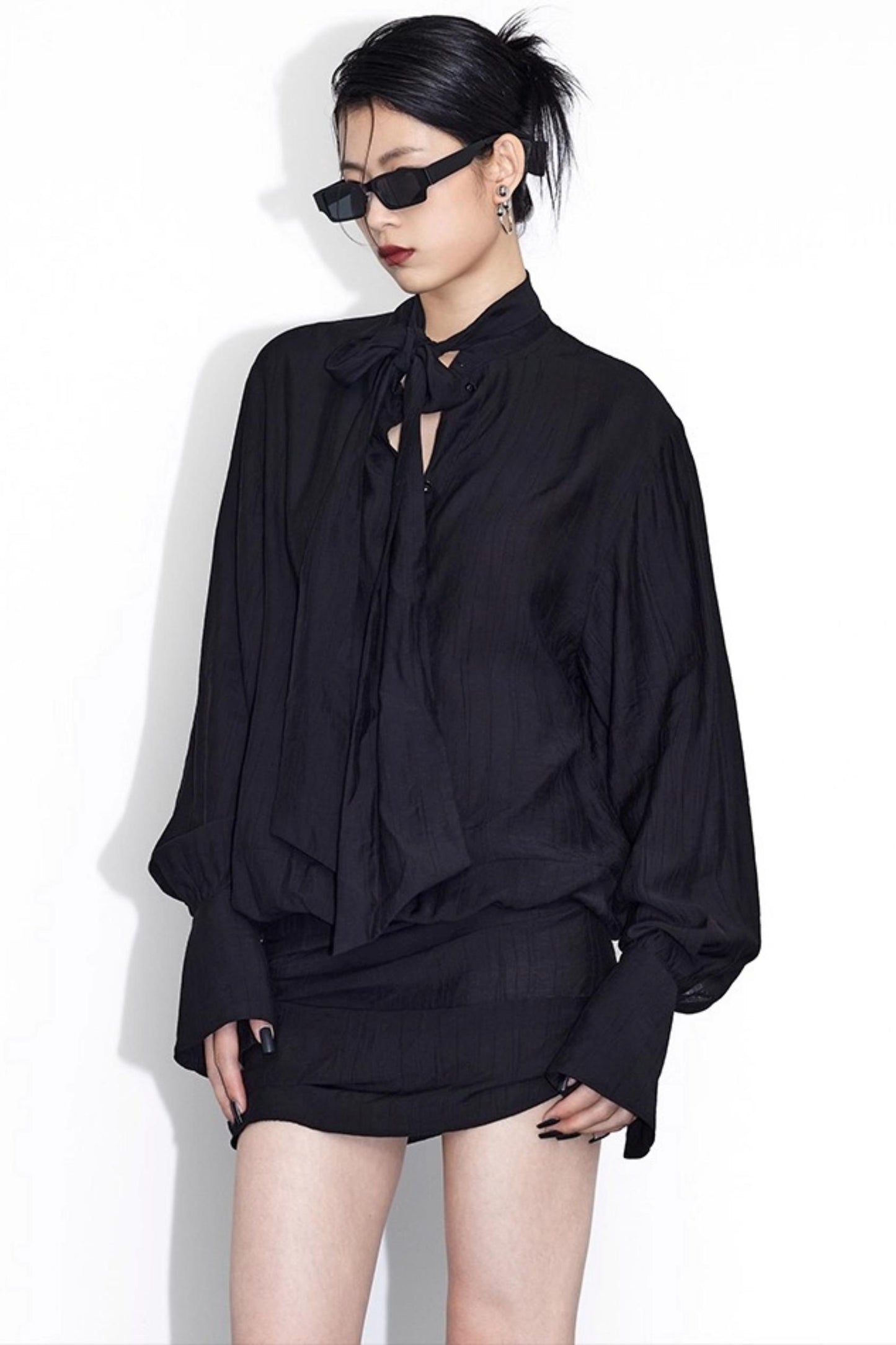 Streamer Black Drape Shirt Dress