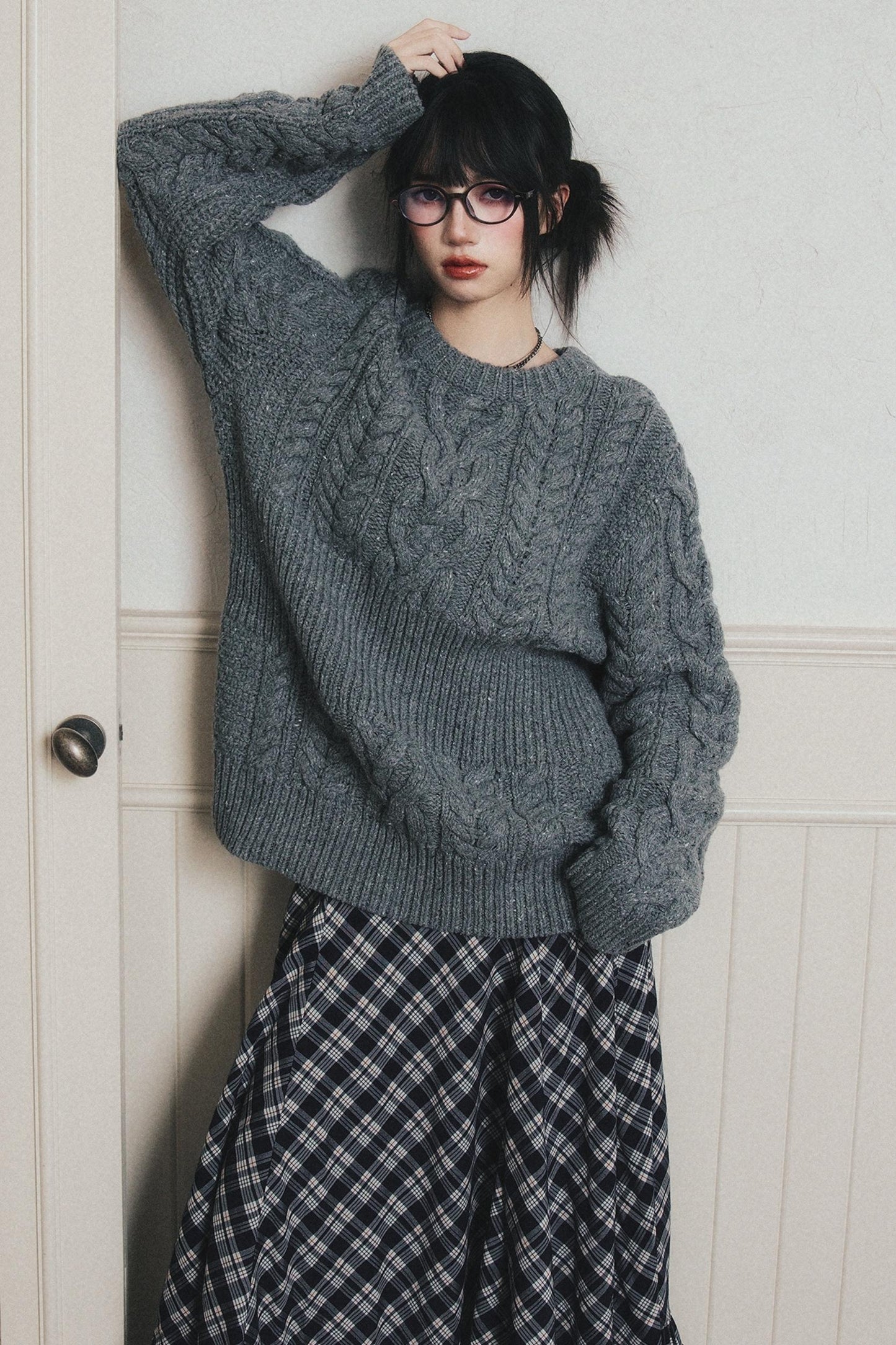 Navy Blue Check A-Line Swing Skirt