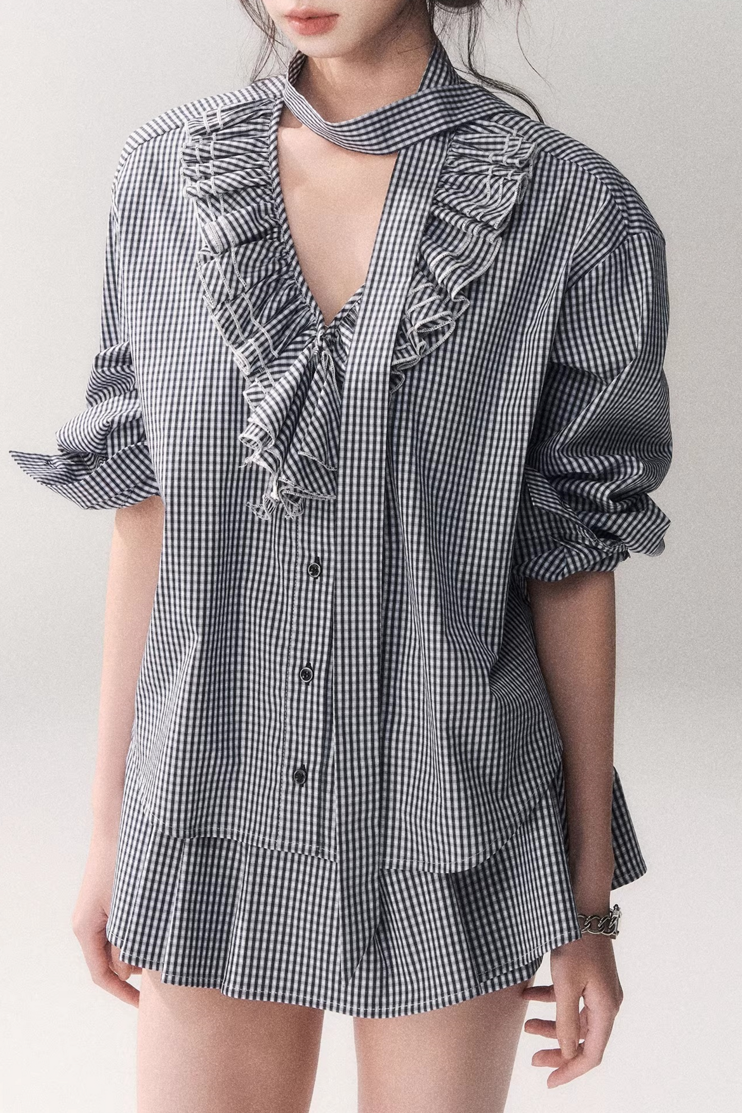 Blue Check Lace Blouse Set-Up