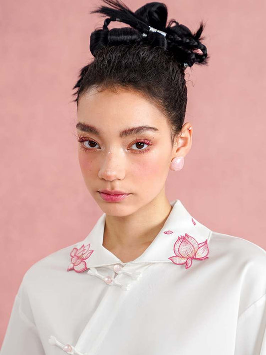 Lotus Flower Embroidery Chinese Blouse