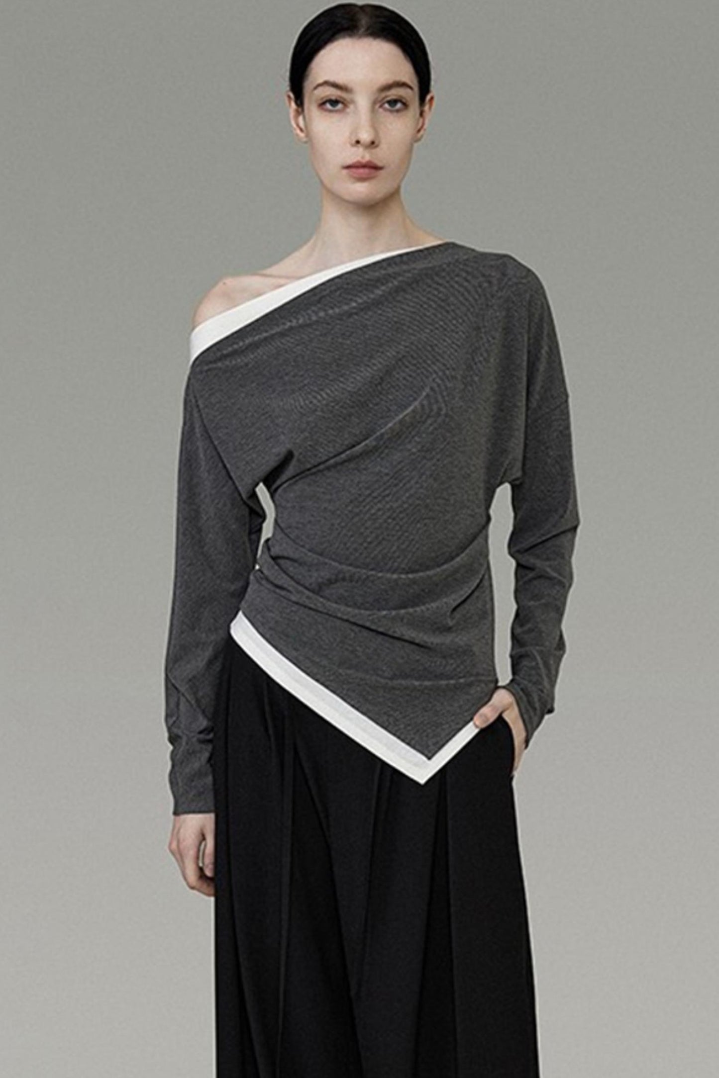 Diagonal Shoulder Two-Layer Knit Top