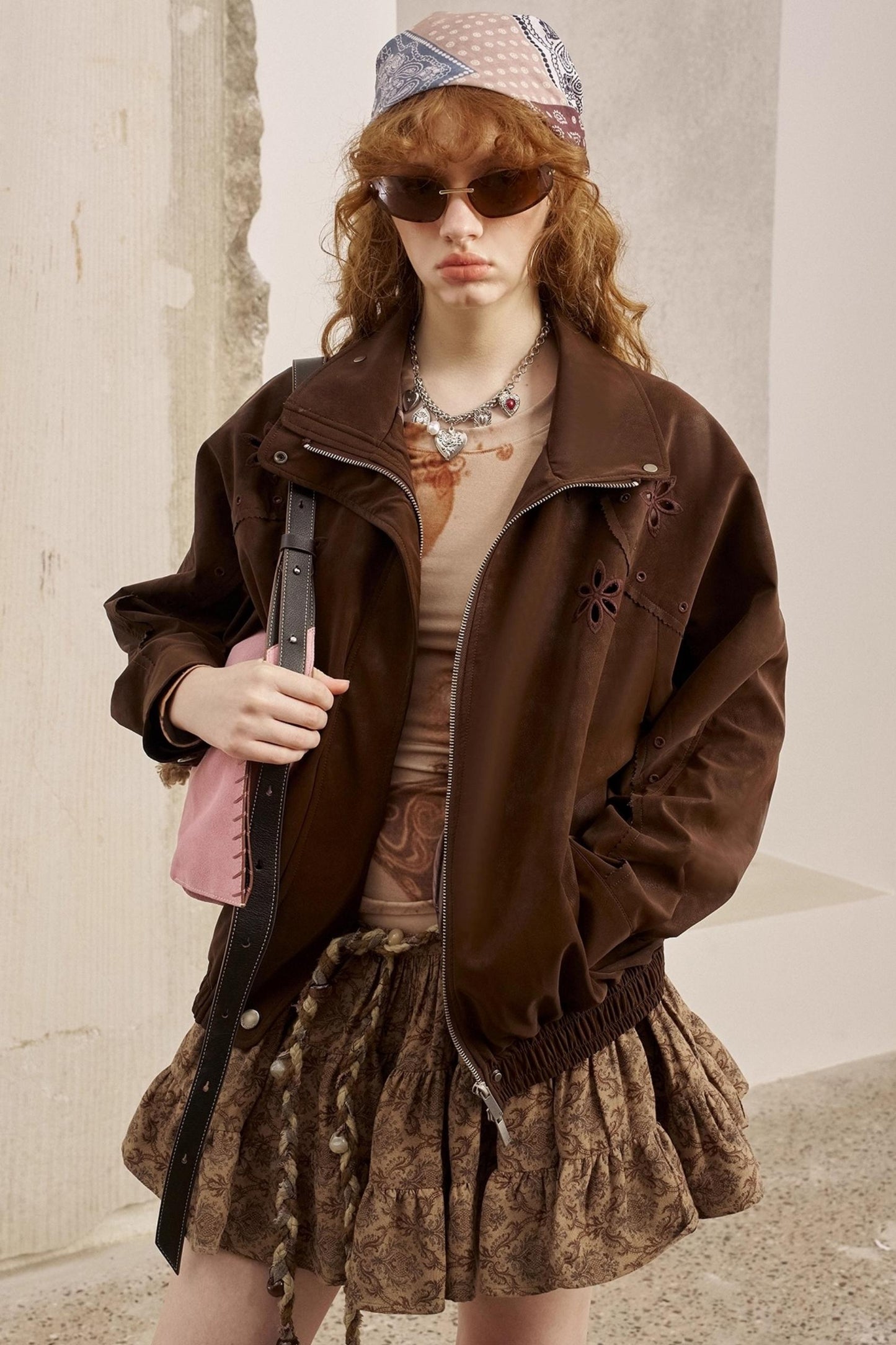 Embroidered Stand Leather Jacket