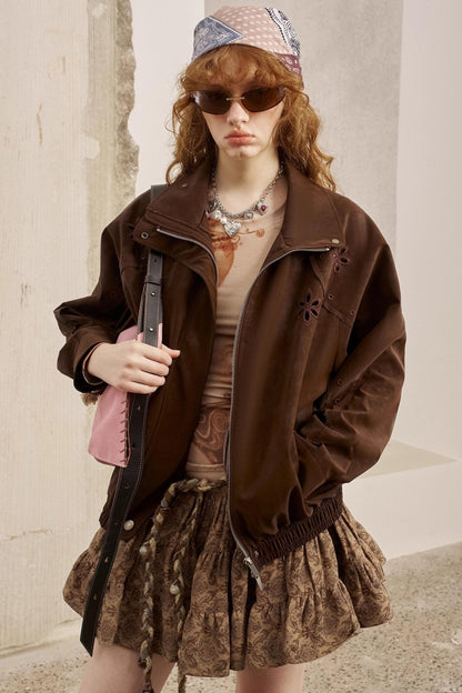 Embroidered Stand Leather Jacket