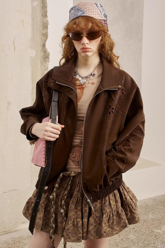 Embroidered Stand Leather Jacket