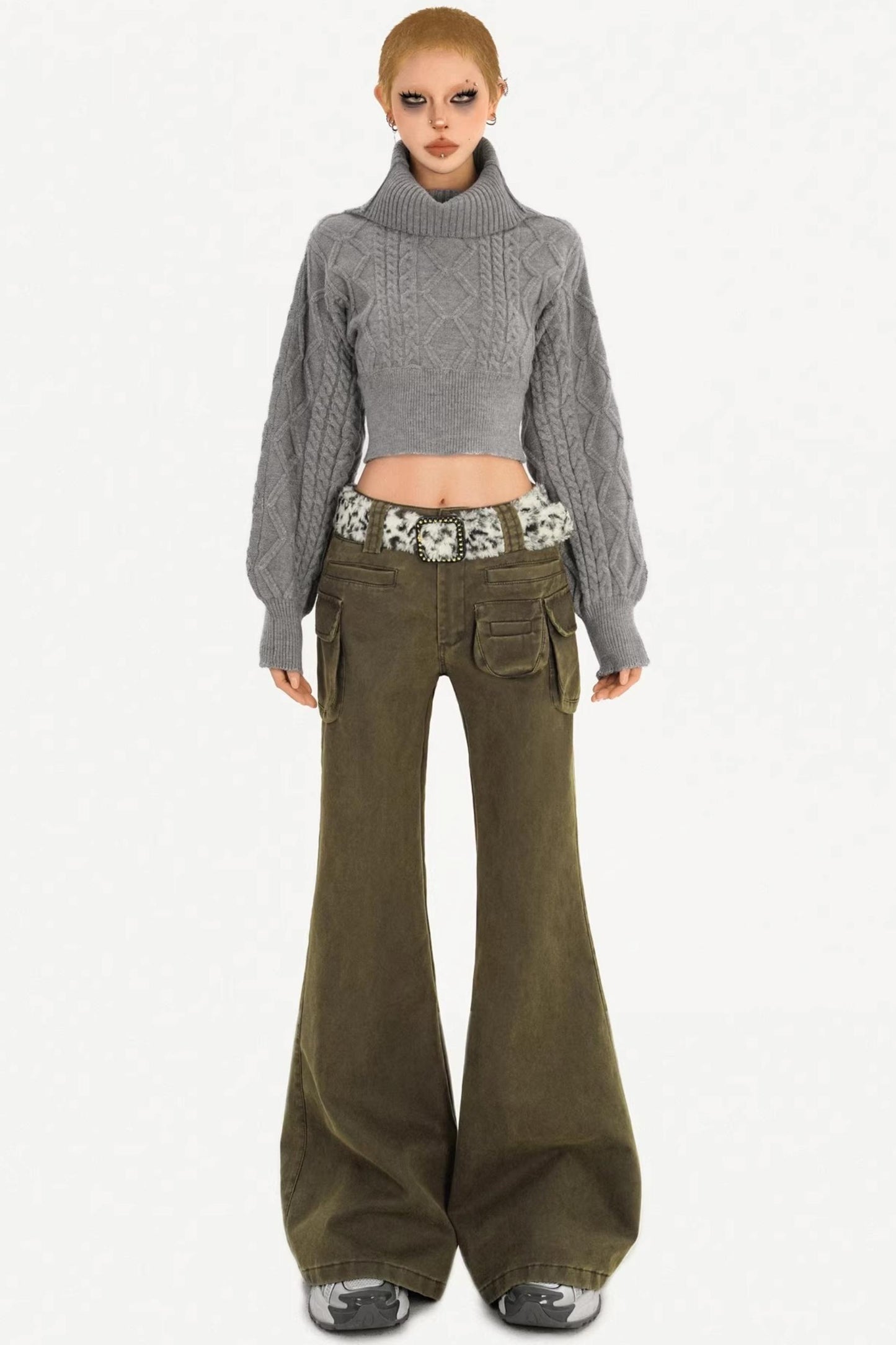 Retro Army Green Flared Pants
