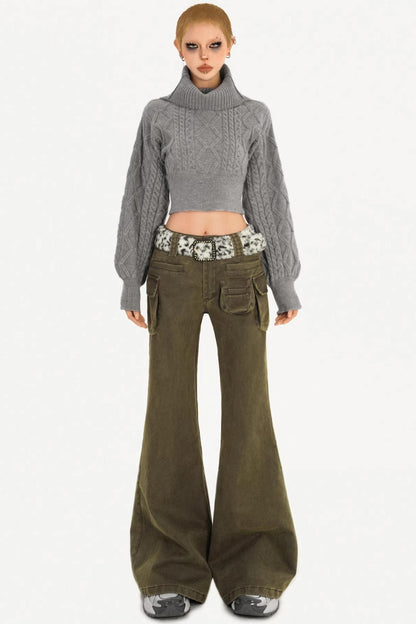 Retro Army Green Flared Pants