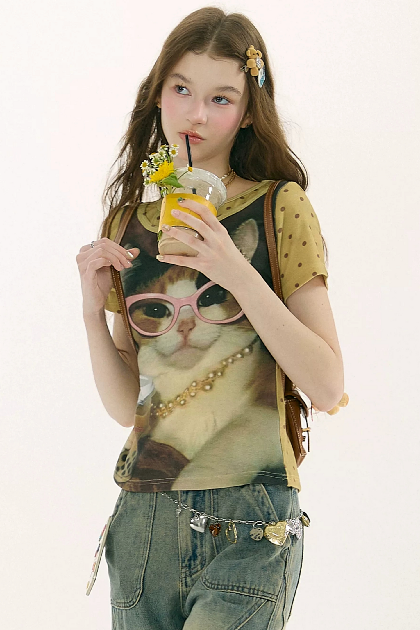 Retro Distressed Cat Print Yellow T-Shirt