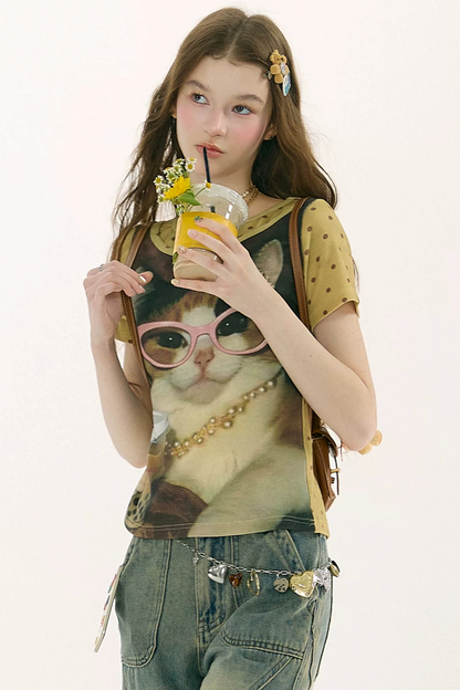 Retro Distressed Cat Print Yellow T-Shirt