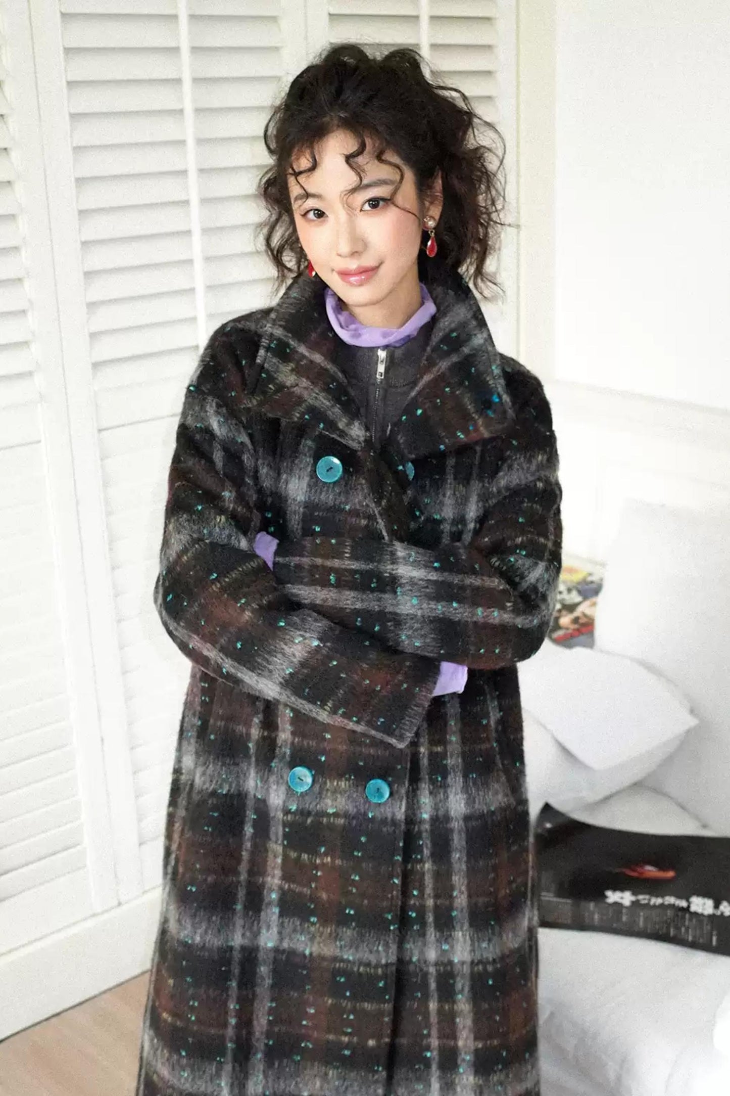 Moonlit Camellia Plaid Tweed Coat