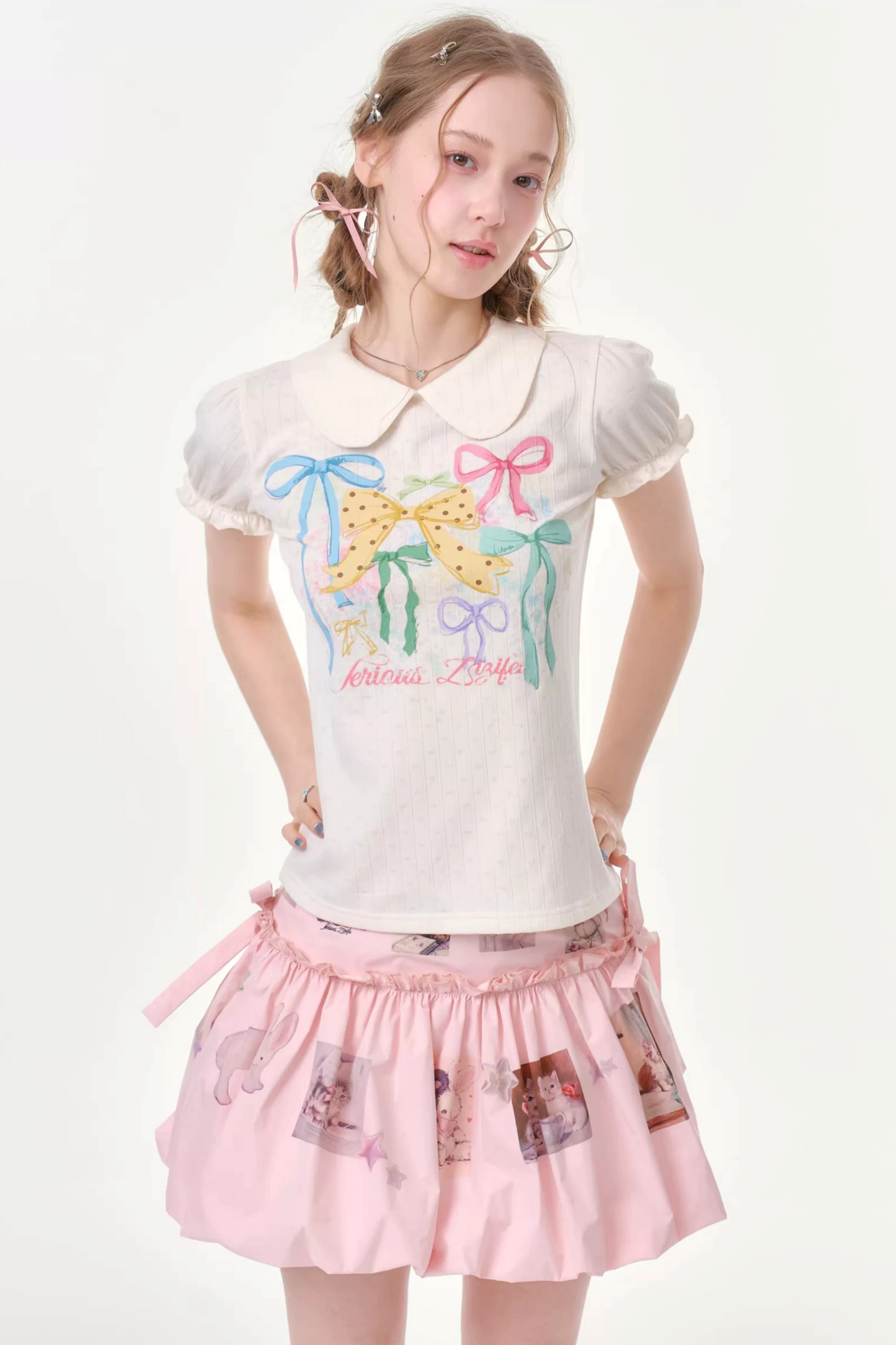 White Floral Bow Puff Sleeve T-Shirt