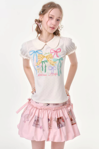White Floral Bow Puff Sleeve T-Shirt
