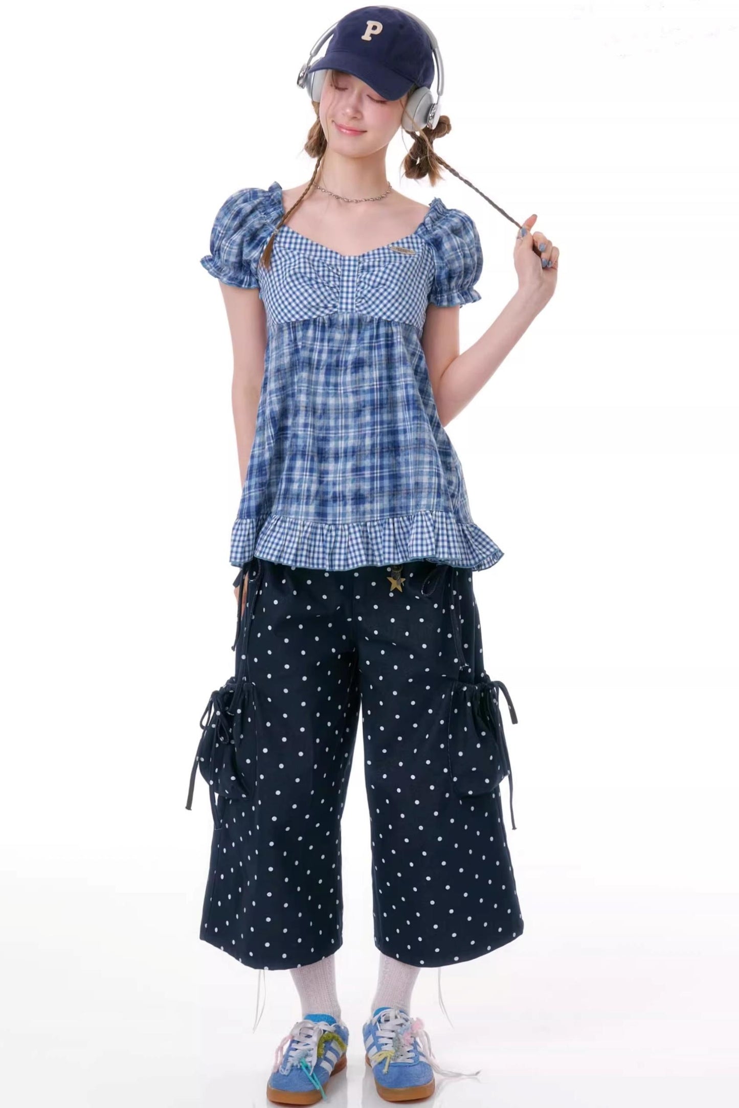 Checkered Plaid Puff Sleeve T-Shirt