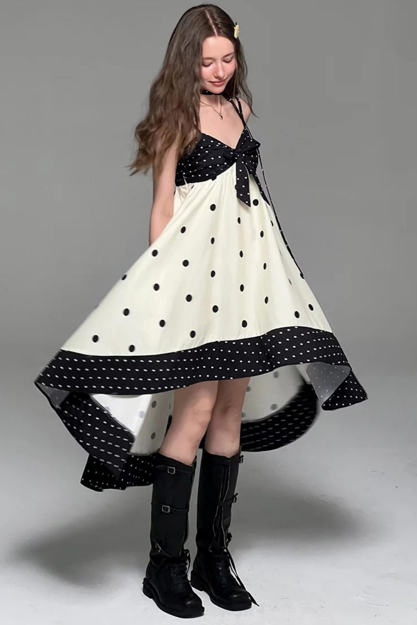Black White Polka Dot Bow Suspender Dress