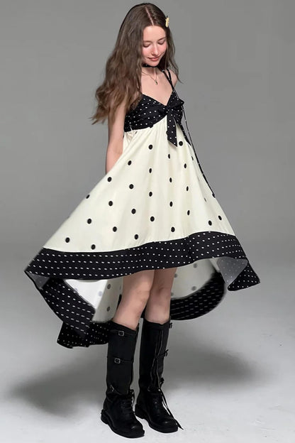 Black White Polka Dot Bow Suspender Dress