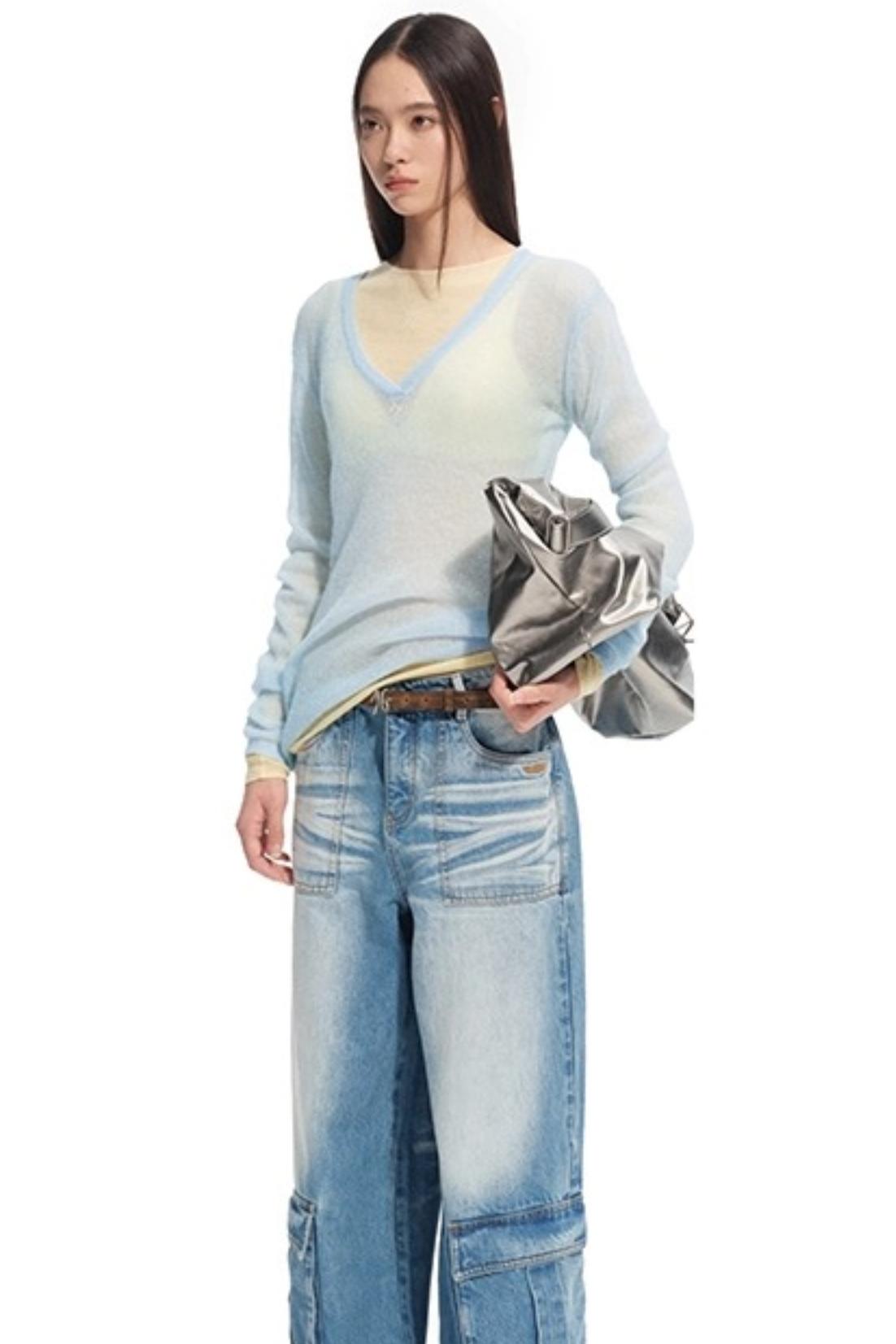 Alpaca Knit Layered V-Neck Long Sleeve Top