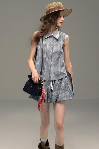 Flower Stitch Vest Skirt Set-Up