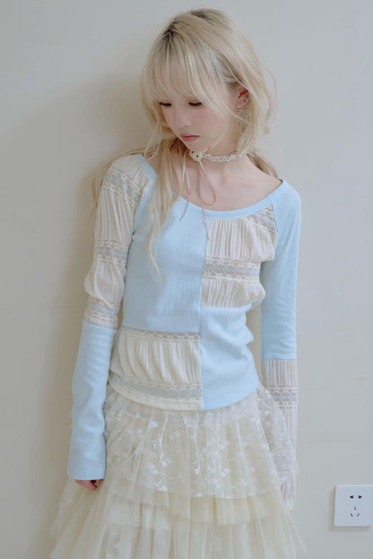 Beige Lace Blue Knit Crew Neck Long Sleeve Top