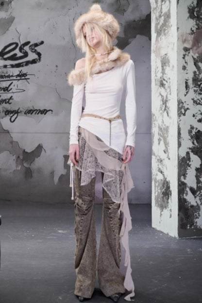 Snake Pattern Patchwork Ruffled Skirt