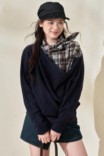 Blue Plaid Wool Fake Two-Piece Top