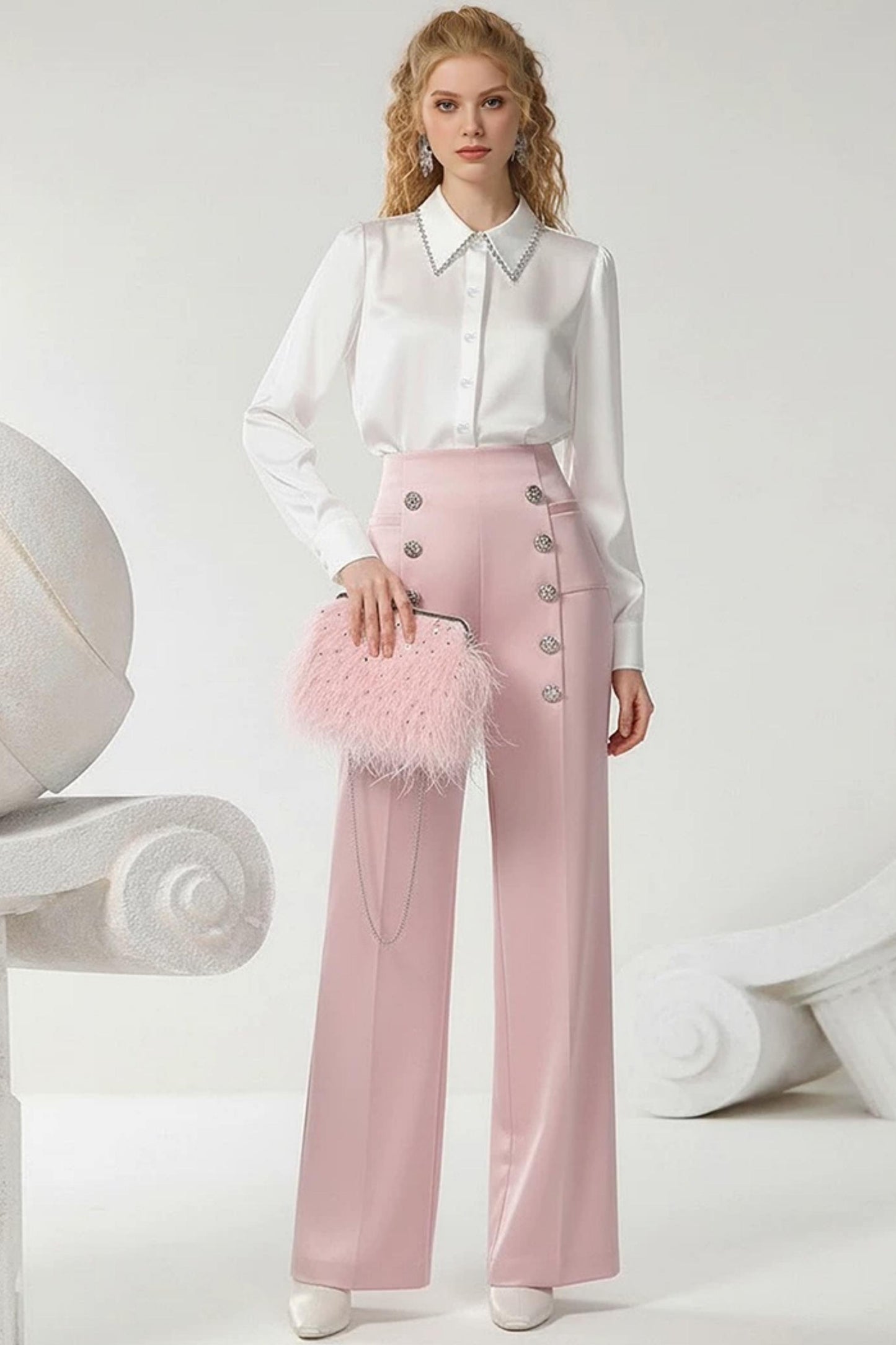 Satin Metal Button Suit Pants Set-Up