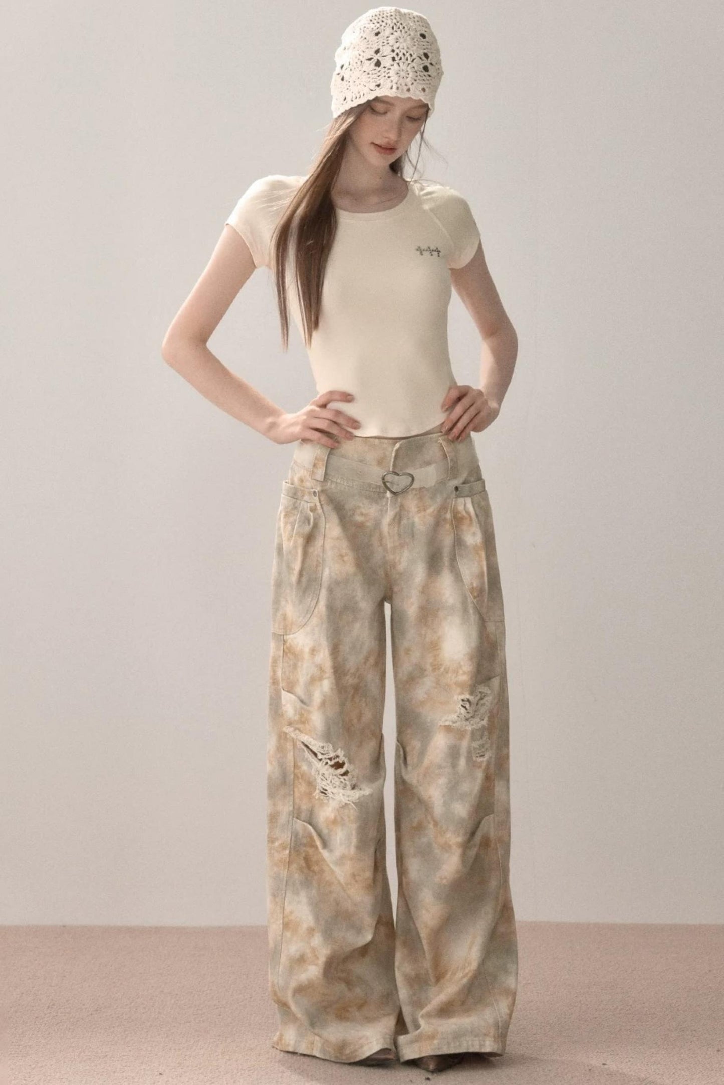Gradient Wide-Leg Ripped Pants