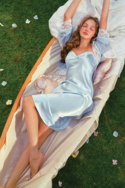 Blue Satin Cardigan Dress Set-Up