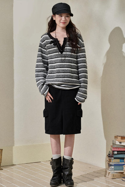 Striped V-Neck Knitted Top & Scarf Set