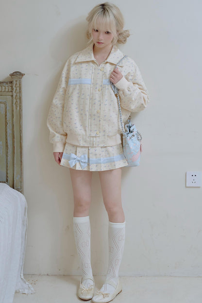 Beige Floral Blue Bow Jacket Set-Up