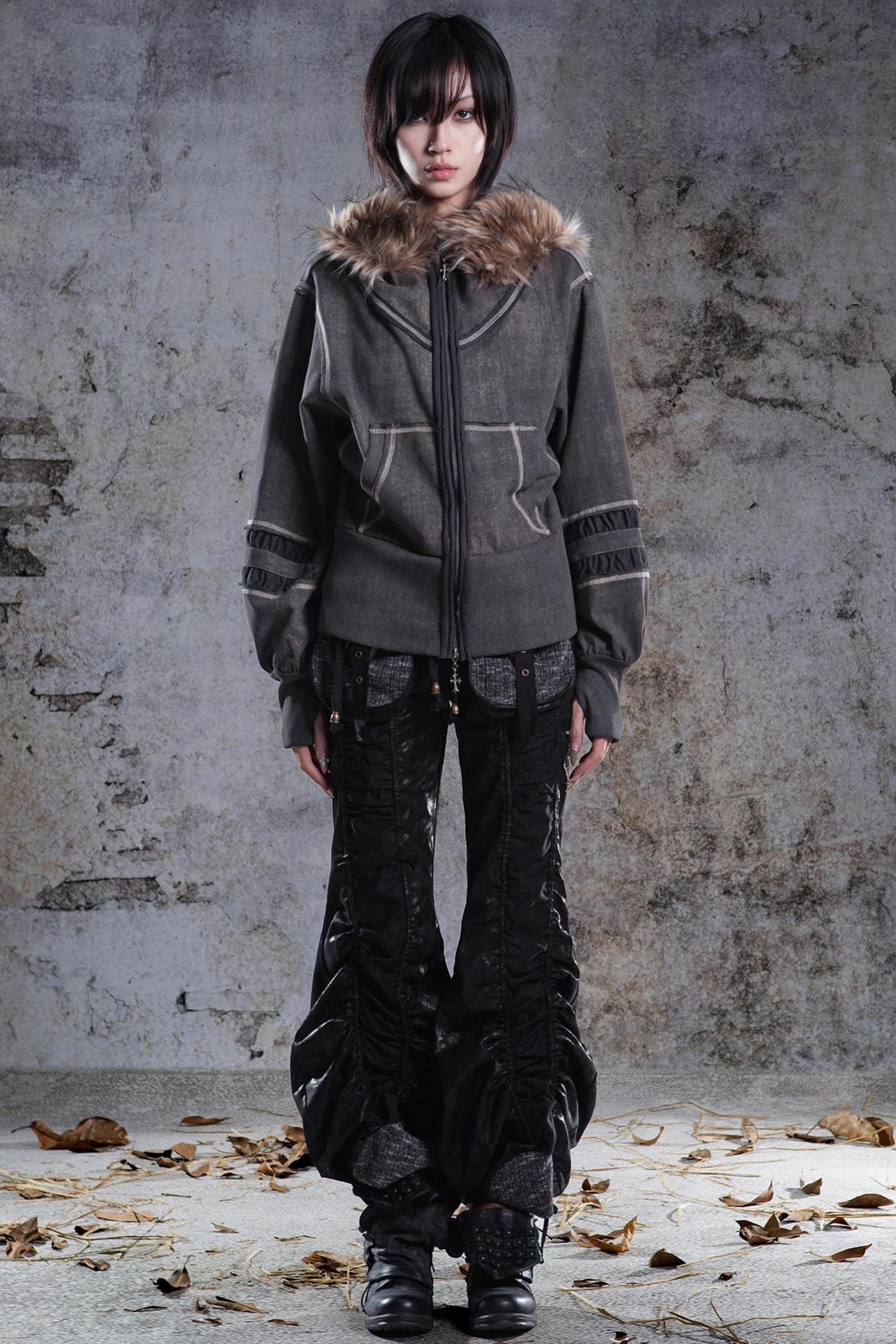 Vintage Lantern Sleeve Hooded Sweatshirt Jacket