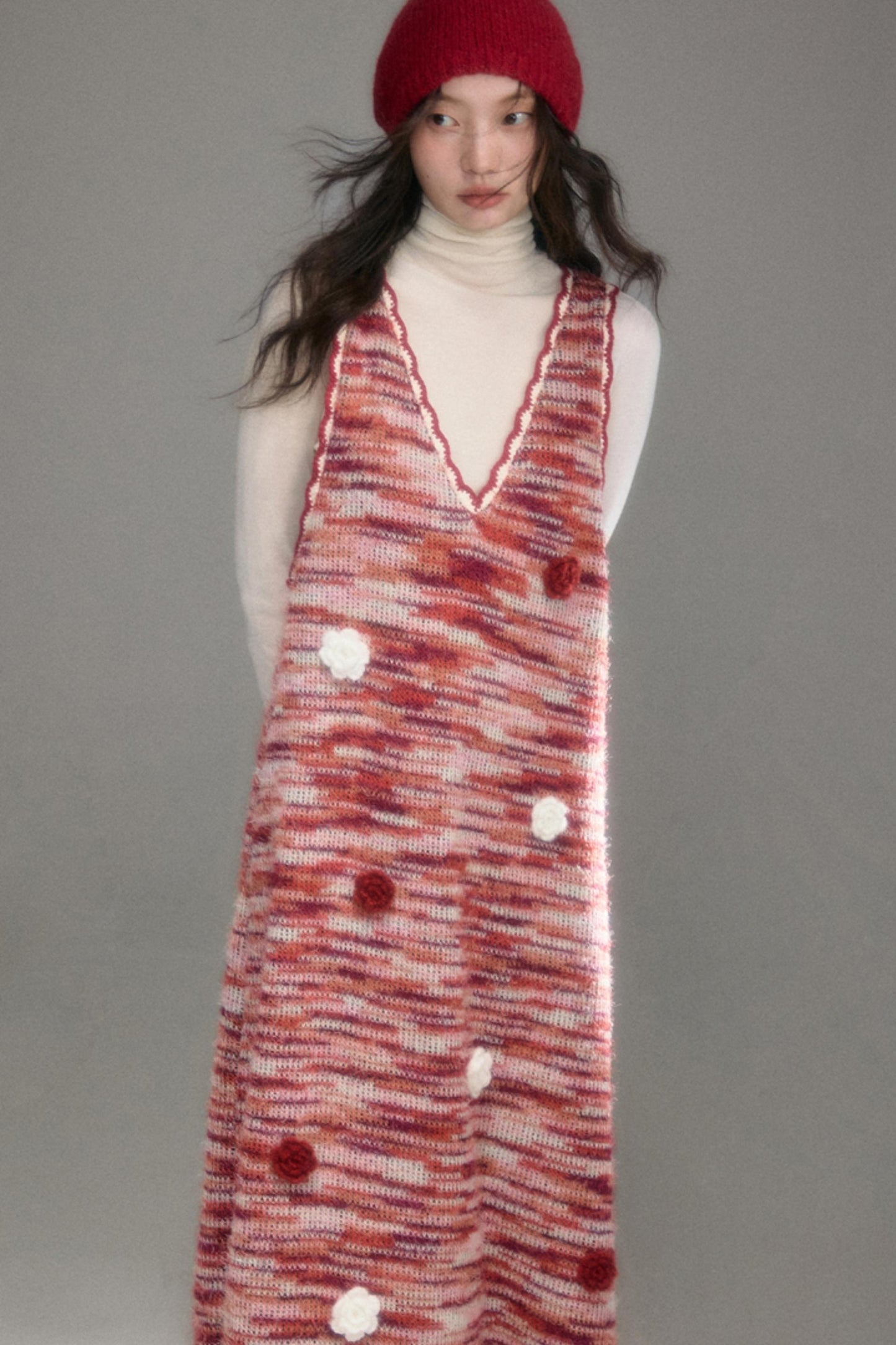 Red Vintage Crochet V-Neck Vest Dress