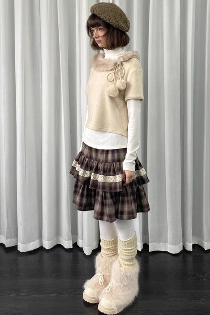 Beige Fur Collar Layered Top