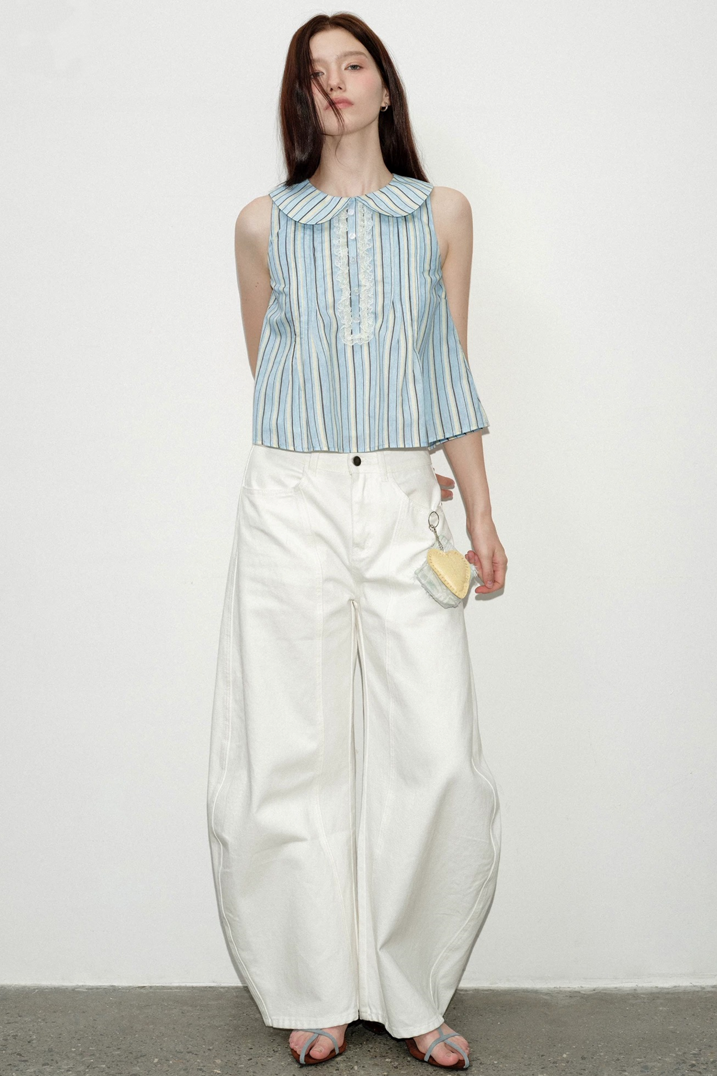 Blue Striped Doll Collar Lace Trim Tank Top
