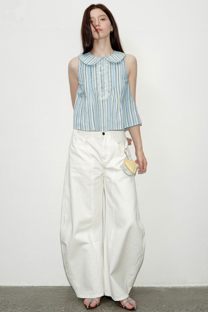 Blue Striped Doll Collar Lace Trim Tank Top