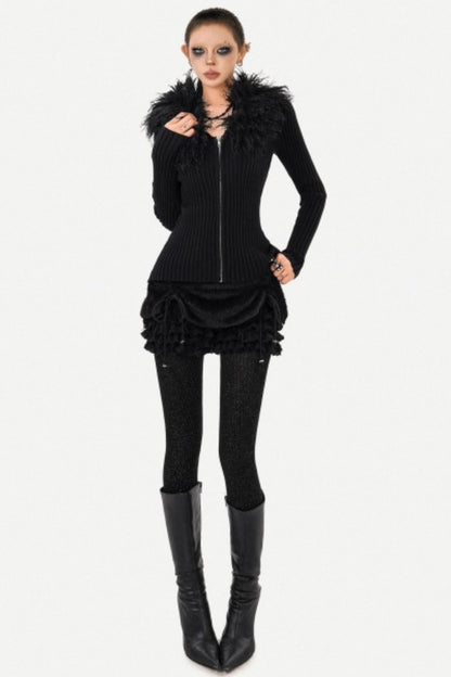 Black Fur Collar Knitted Cardigan