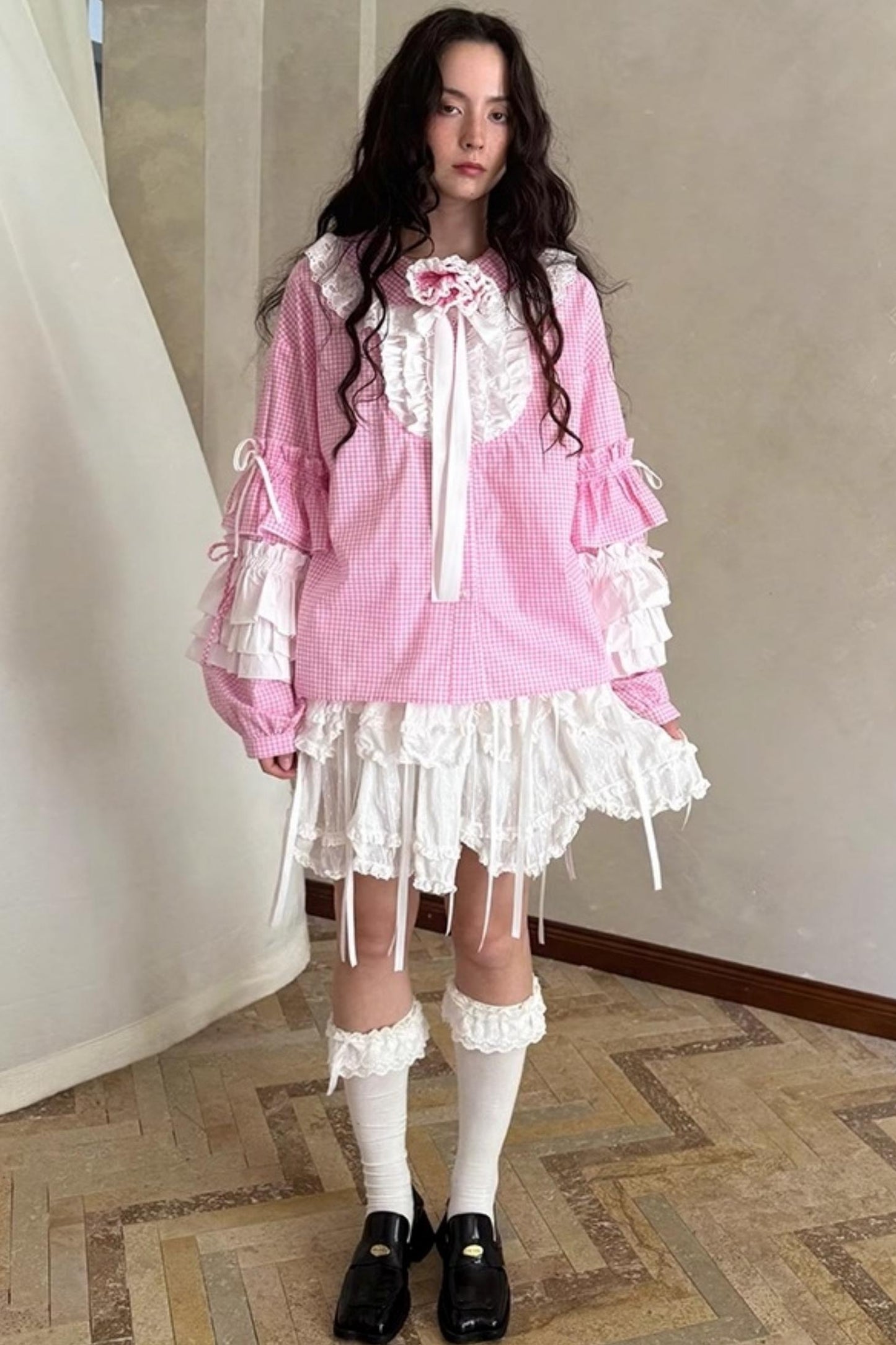 Pink-White Plaid Lace Shirt