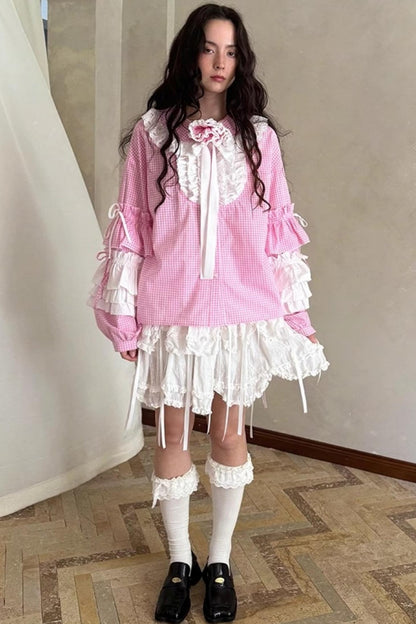 Pink-White Plaid Lace Shirt