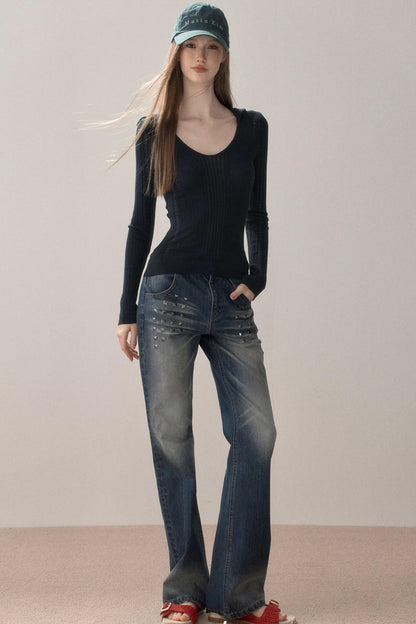 Retro Studded Rhinestone Jeans
