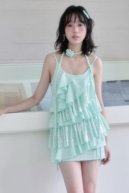 Green Sequin Ruffled Suspender Top