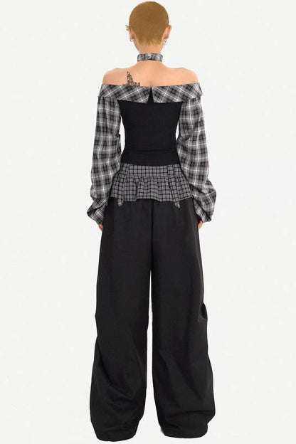 Plaid Off-Shoulder Pants Set-Up