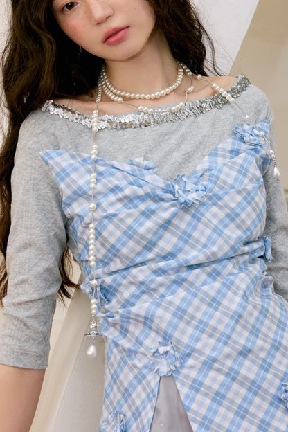 Gray Blue Plaid Knit Top