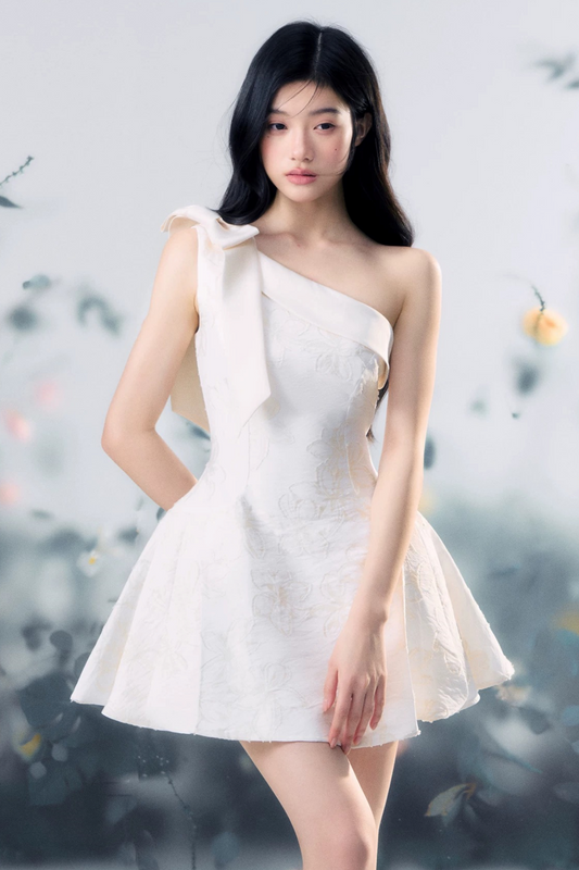Floral Bow One-Shoulder Dress