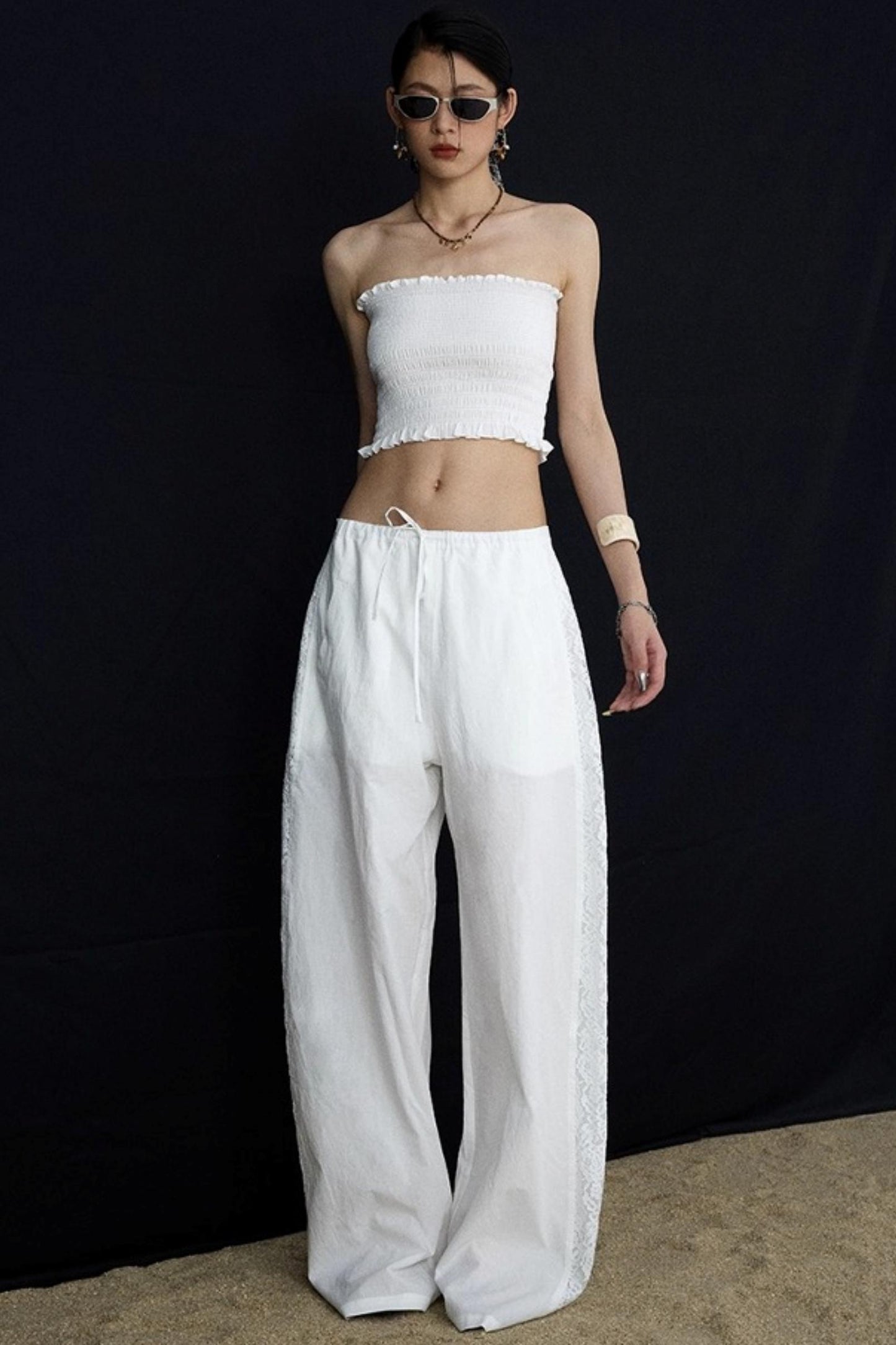 White Elasticated Waist Wide-Leg Trousers