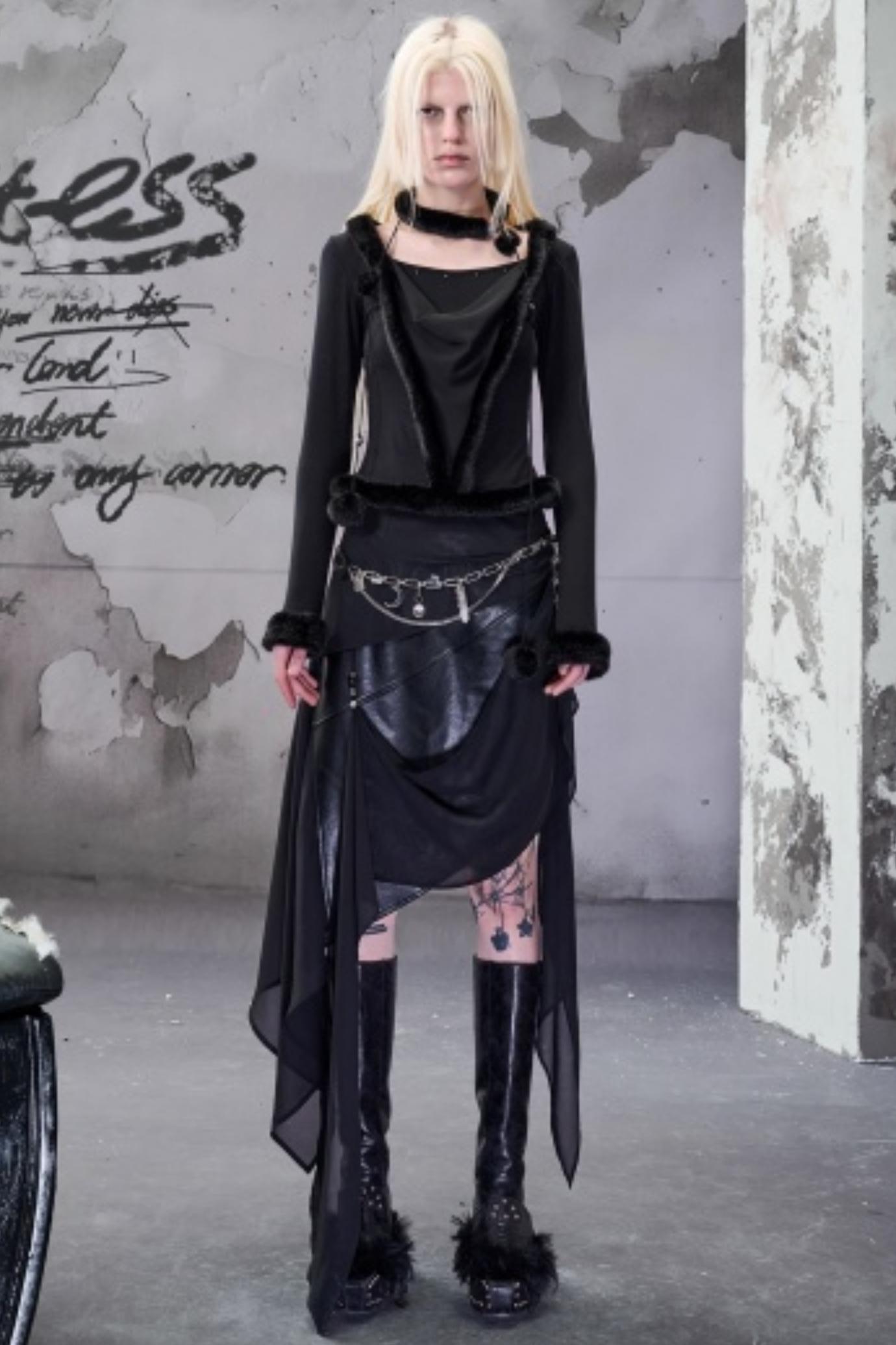 Chiffon Panel Ruffled Irregular Leather Skirt