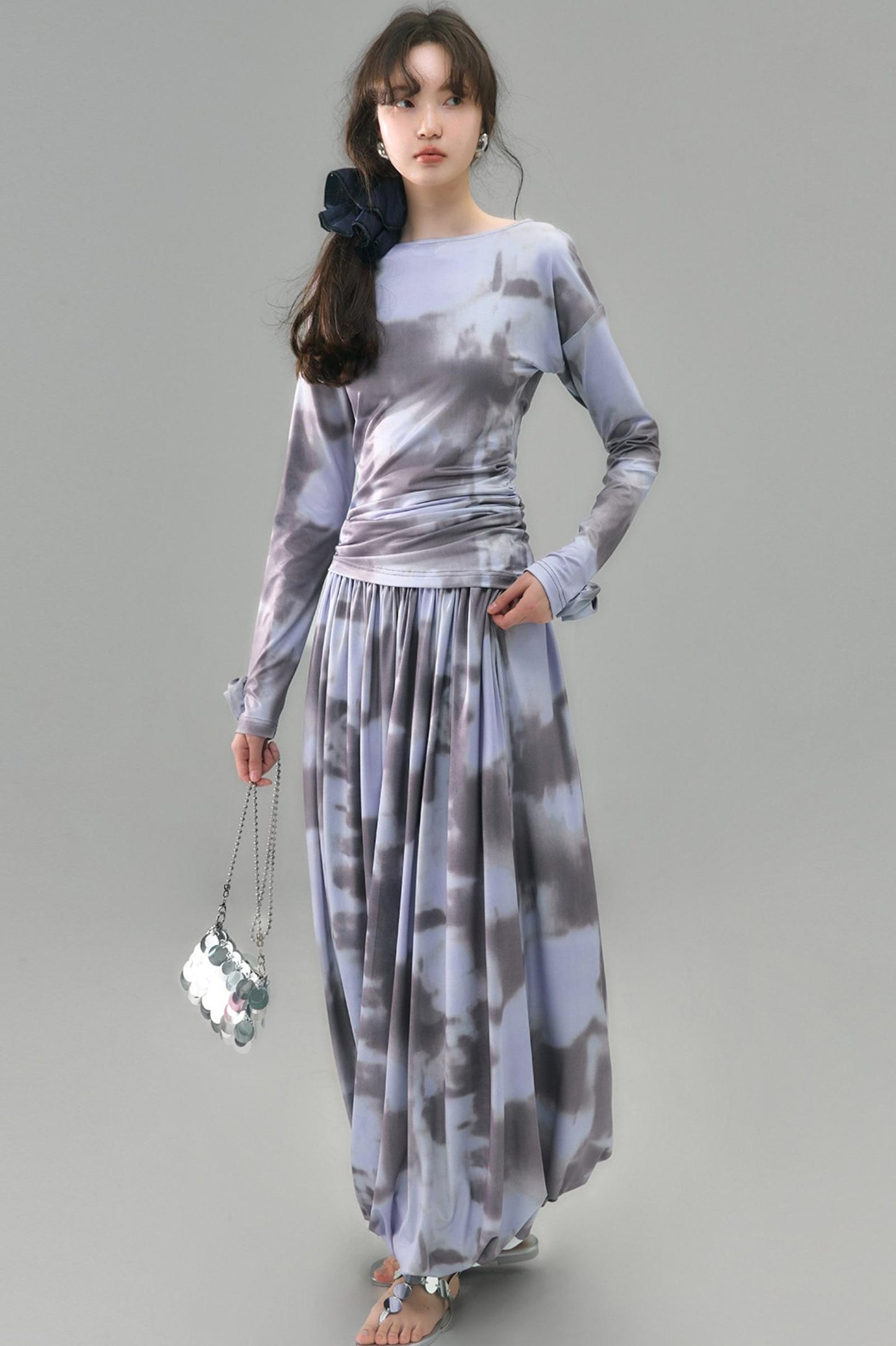 Poetic Swing Collar Print T-Shirt & Skirt Set-Up