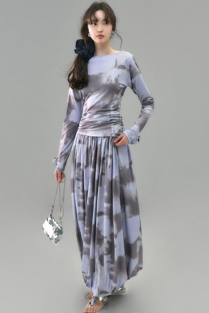 Poetic Swing Collar Print T-Shirt & Skirt Set-Up