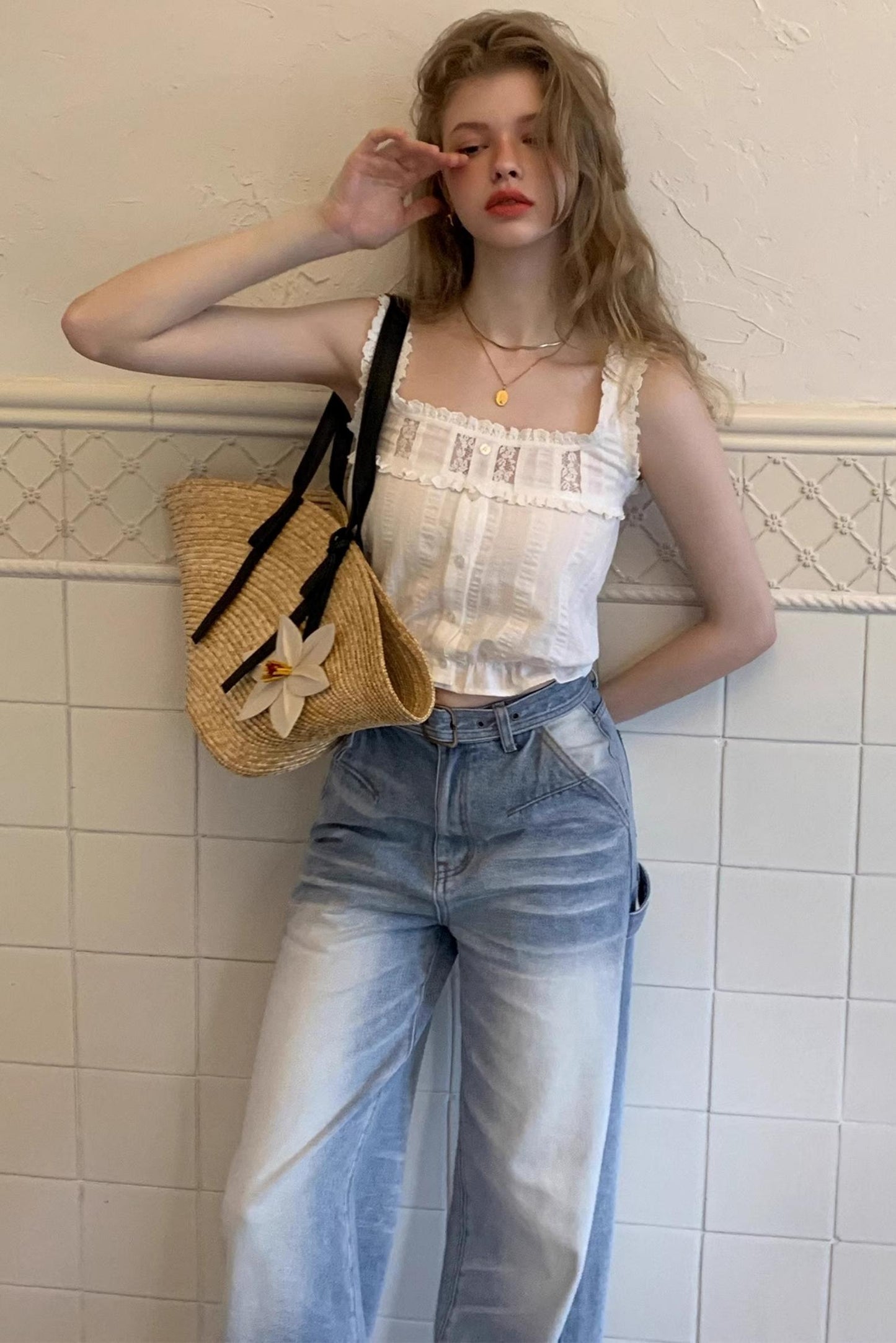 Square-Neck Vest Cropped A-Line Puffed Skirt Set-Up