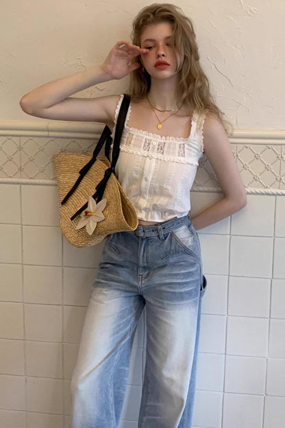 Square-Neck Vest Cropped A-Line Puffed Skirt Set-Up