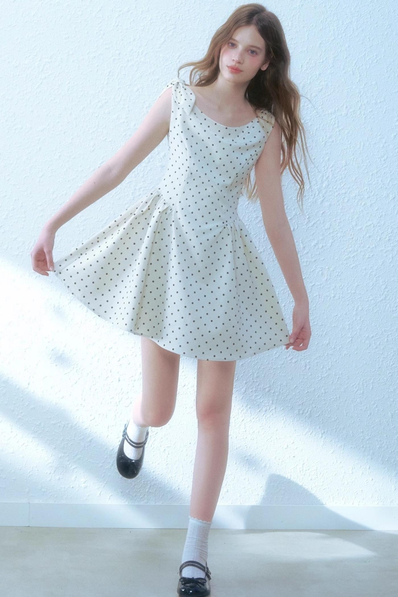 Beige Polka Dot Swing Dress